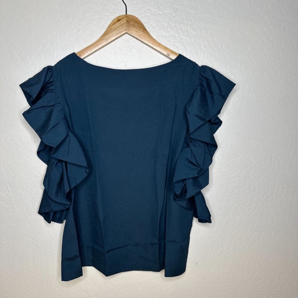 NU CONSTRUCTION Dark Forest Green RUFFLE Sleeve Blouse Size Large NEW - Picture 7 of 10
